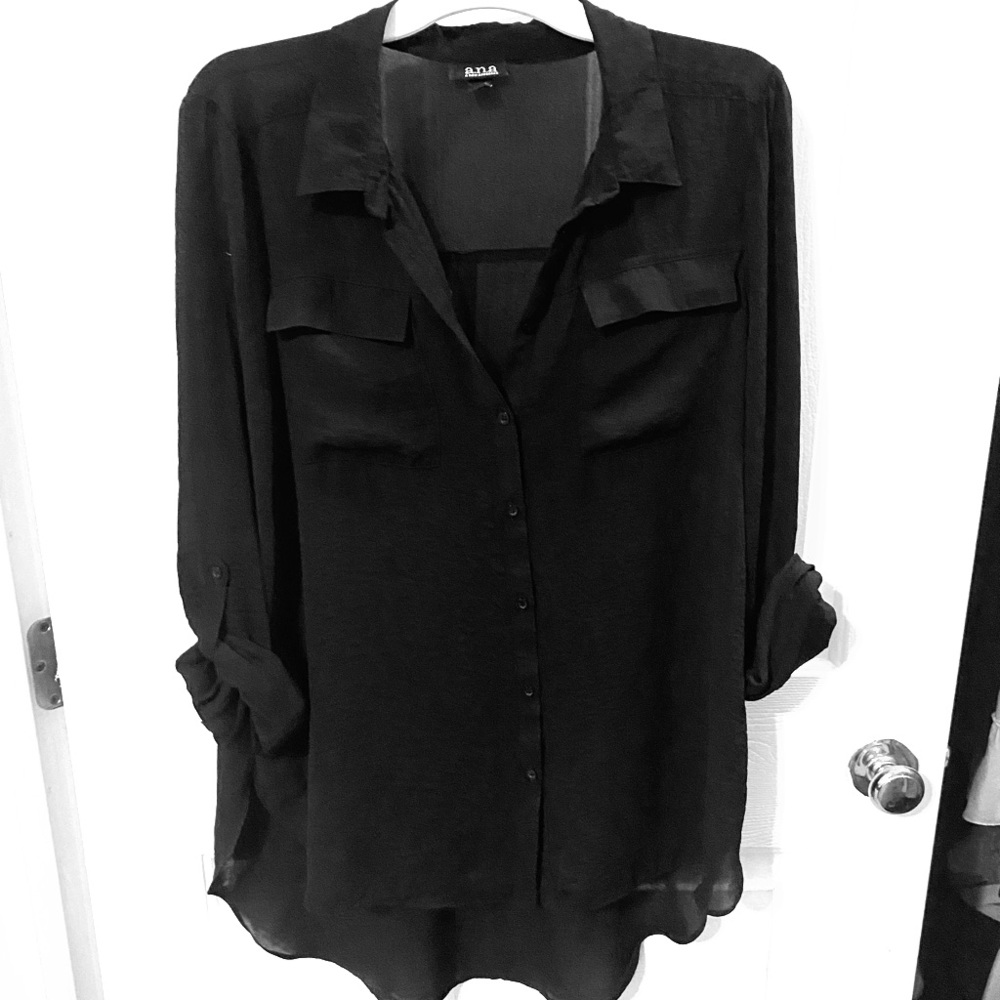 Sheer black button tunic top w rolled up sleeves